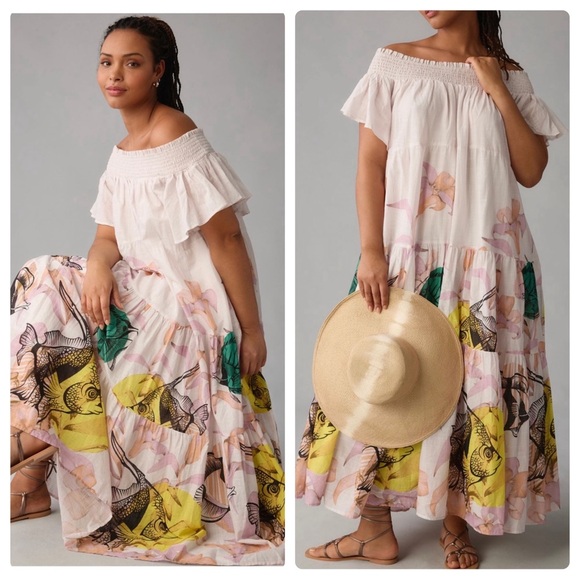 Anthropologie Maeve Pia Binazzi Tiered Off The Shoulder Dress in Novelty - SMALL - Picture 1 of 16